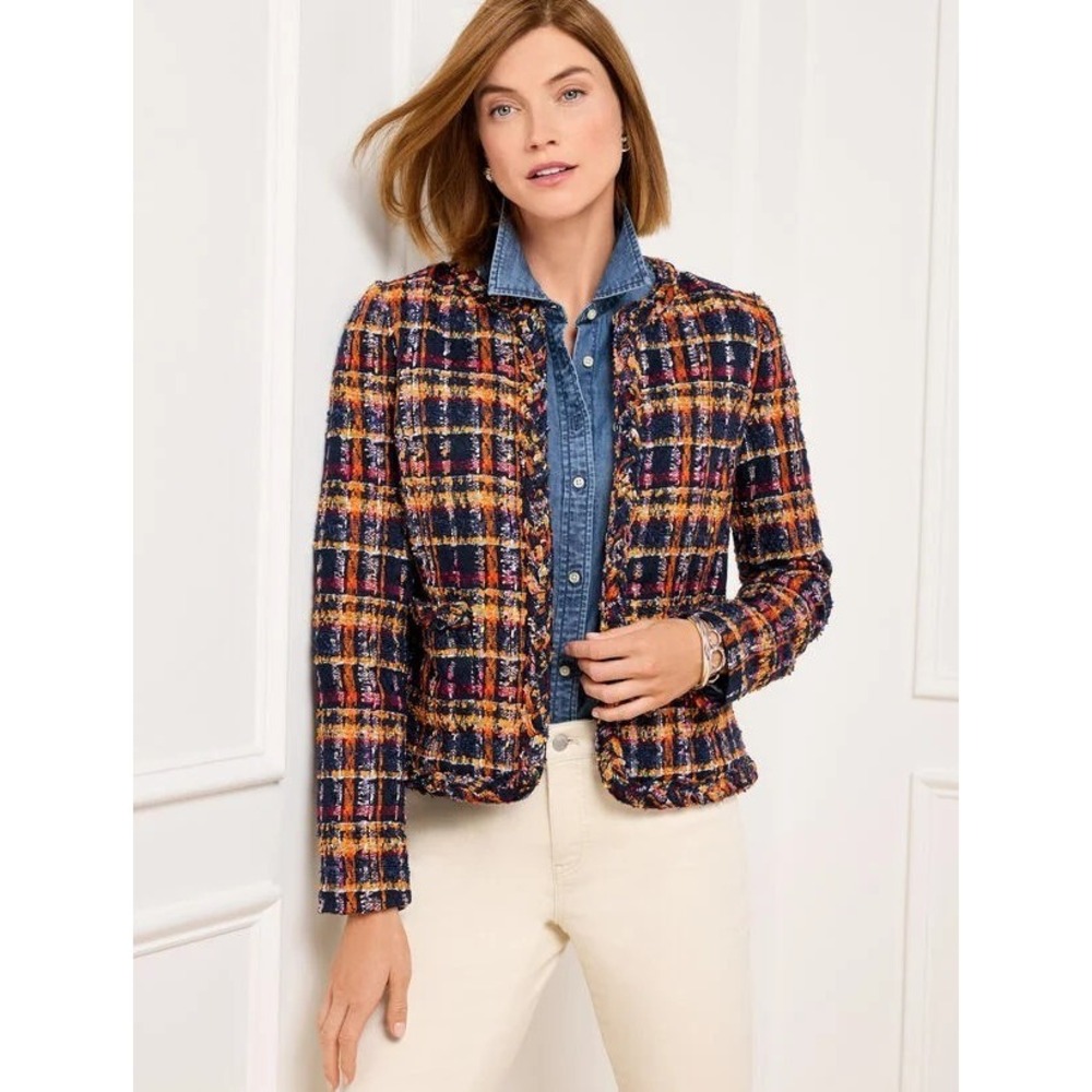 Talbots Tweed Jacket Sunflower Plaid Pockets Women's Size 10 NWT Office Academia